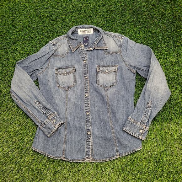 Vintage Y2K GAP Button Shirt Womens S/M 18x24 Faded Dark-Wash - Picture 1 of 12